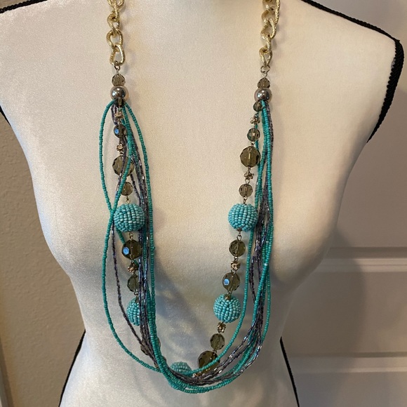 Turquoise and Gold Colored Beaded Necklace - Picture 7 of 9